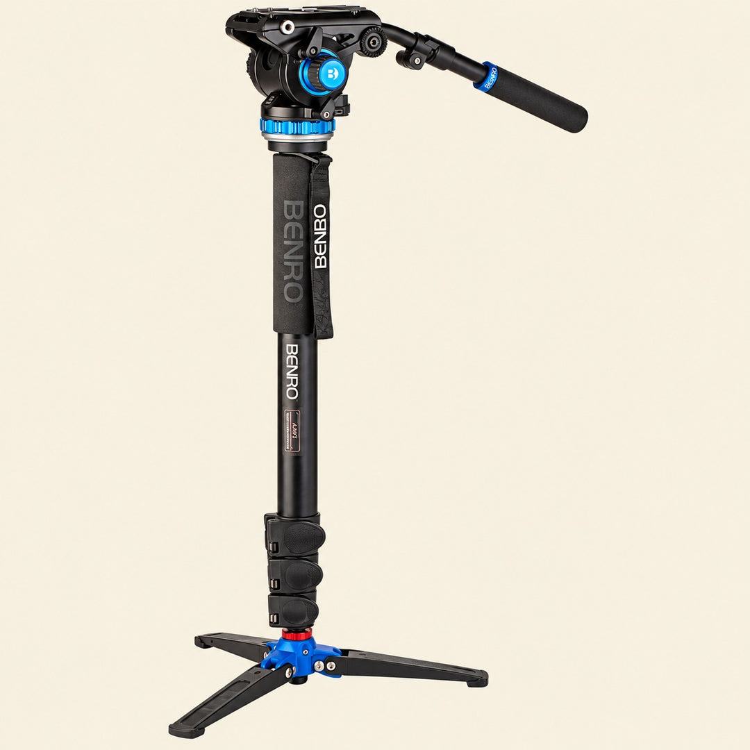 Benro video monopod with fluid head and folding tripod base used for filming wildlife and boating adventures | Drops in the Ocean
