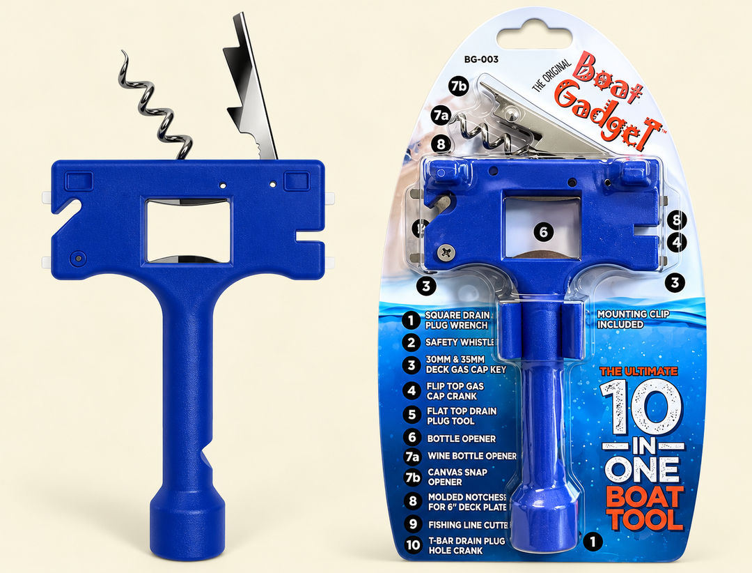 Boat Gadget 10-in-1 multifunction marine tool with deck fill cap wrench, drain plug tool, bottle opener, corkscrew, and fishing line cutter | Drops in the Ocean