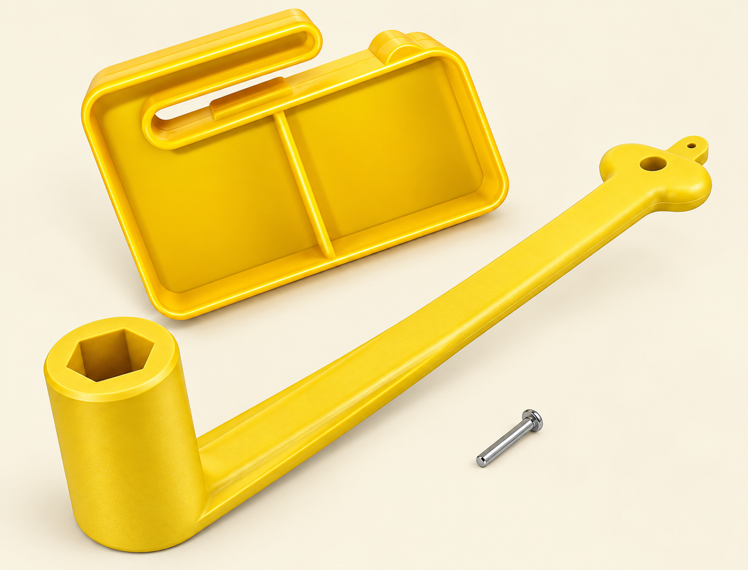 Yellow marine propeller wrench and propeller stop block with replacement pin for outboard motor propeller maintenance | Drops in the Ocean