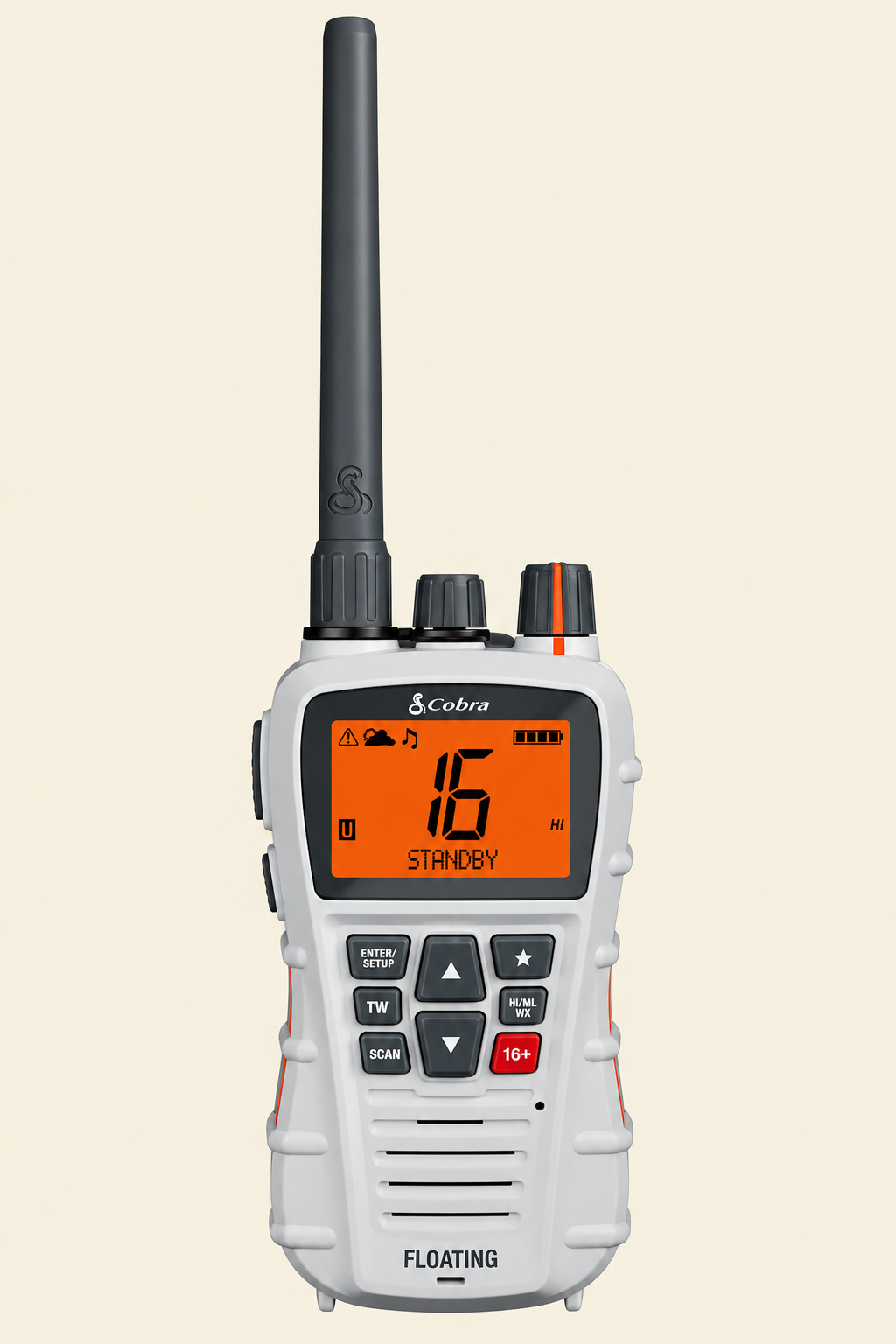 White Cobra floating handheld marine VHF radio with orange display showing Channel 16, used for emergency communication and as a backup marine radio | Drops in the Ocean