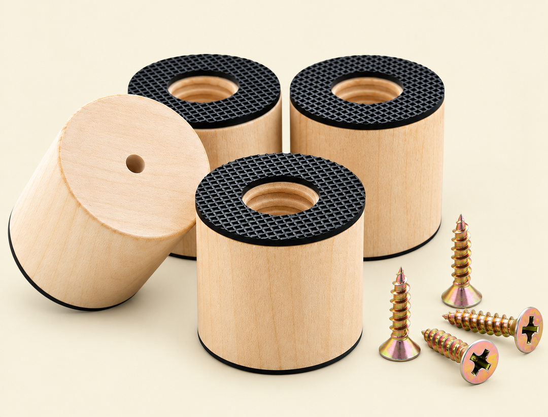 Set of four wooden cutting board feet with black non-slip rubber grips and mounting screws for securing cutting boards on boats | Drops in the Ocean