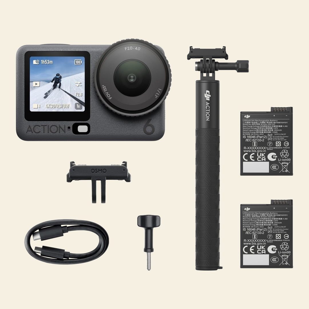 DJI Osmo Action 6 Capture More Combo with extension rod, batteries, and mounting accessories used for filming boating adventures | Drops in the Ocean