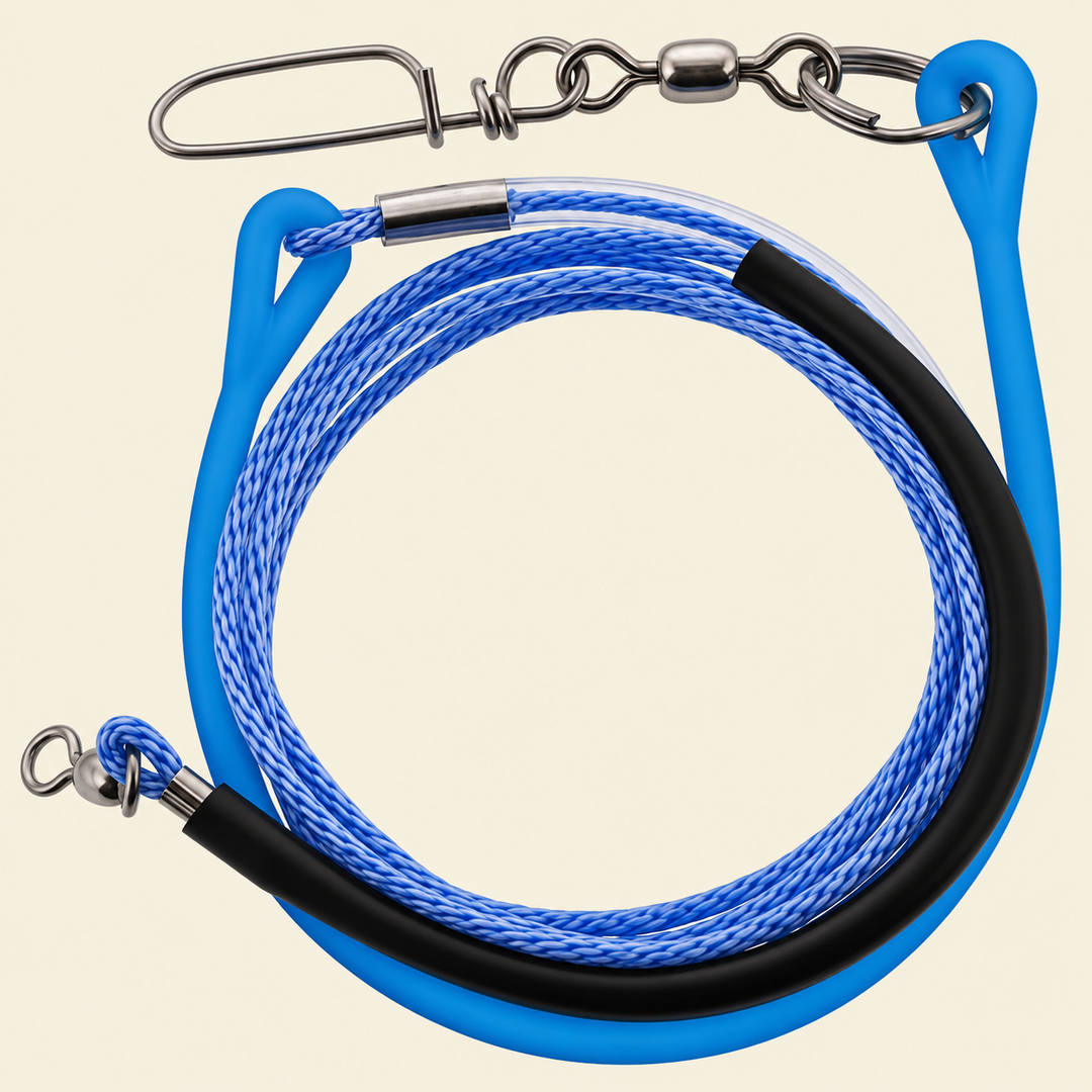 Blue braided downrigger snubber with stainless steel swivel and snap hardware | Drops in the Ocean