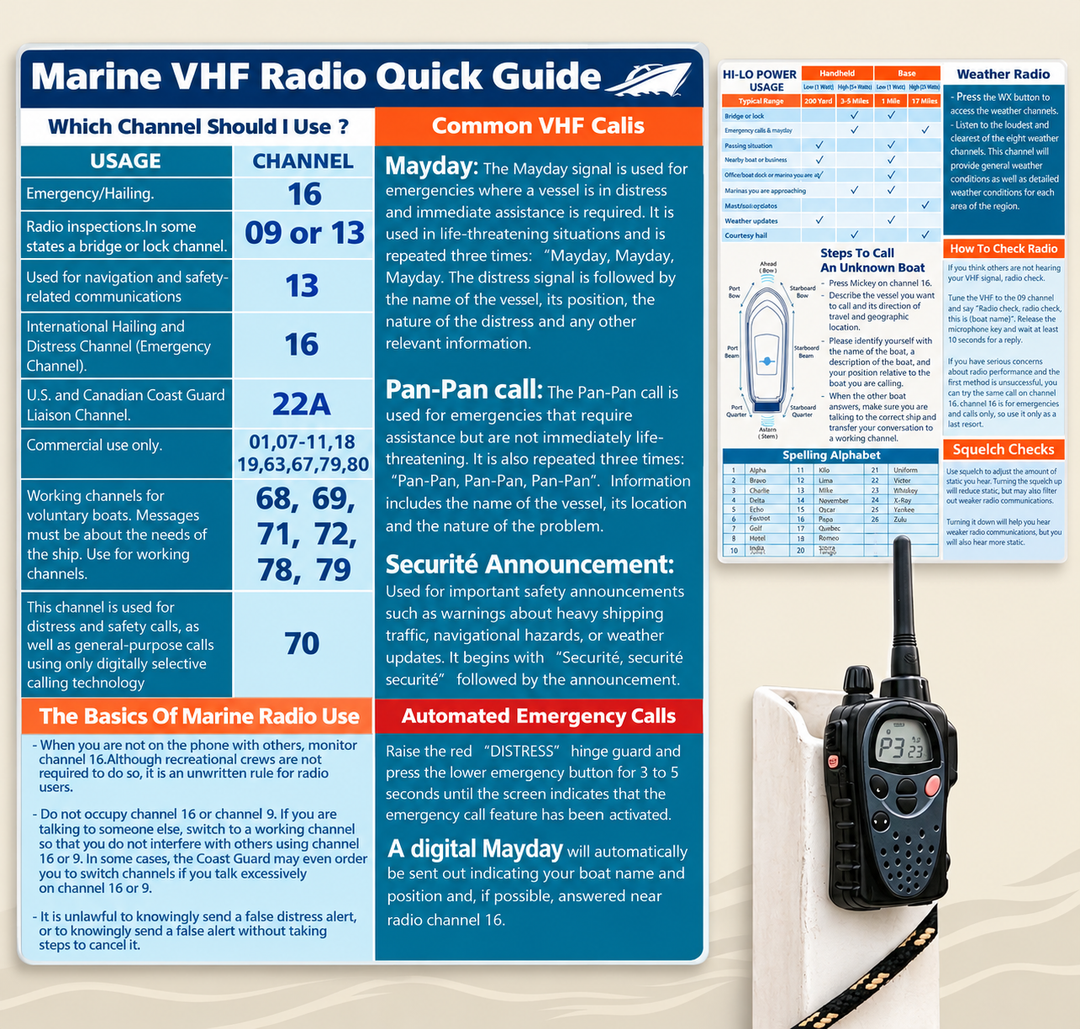 VHF radio quick-reference guides featuring channel information, emergency procedures, and a handheld VHF radio | Drops in the Ocean
