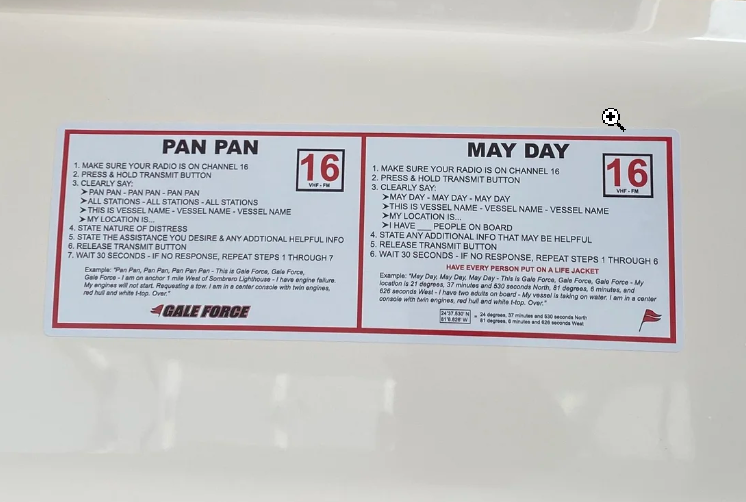 Marine VHF emergency reference stickers showing Pan Pan urgency and Mayday distress calling procedures for Channel 16 | Drops in the Ocean