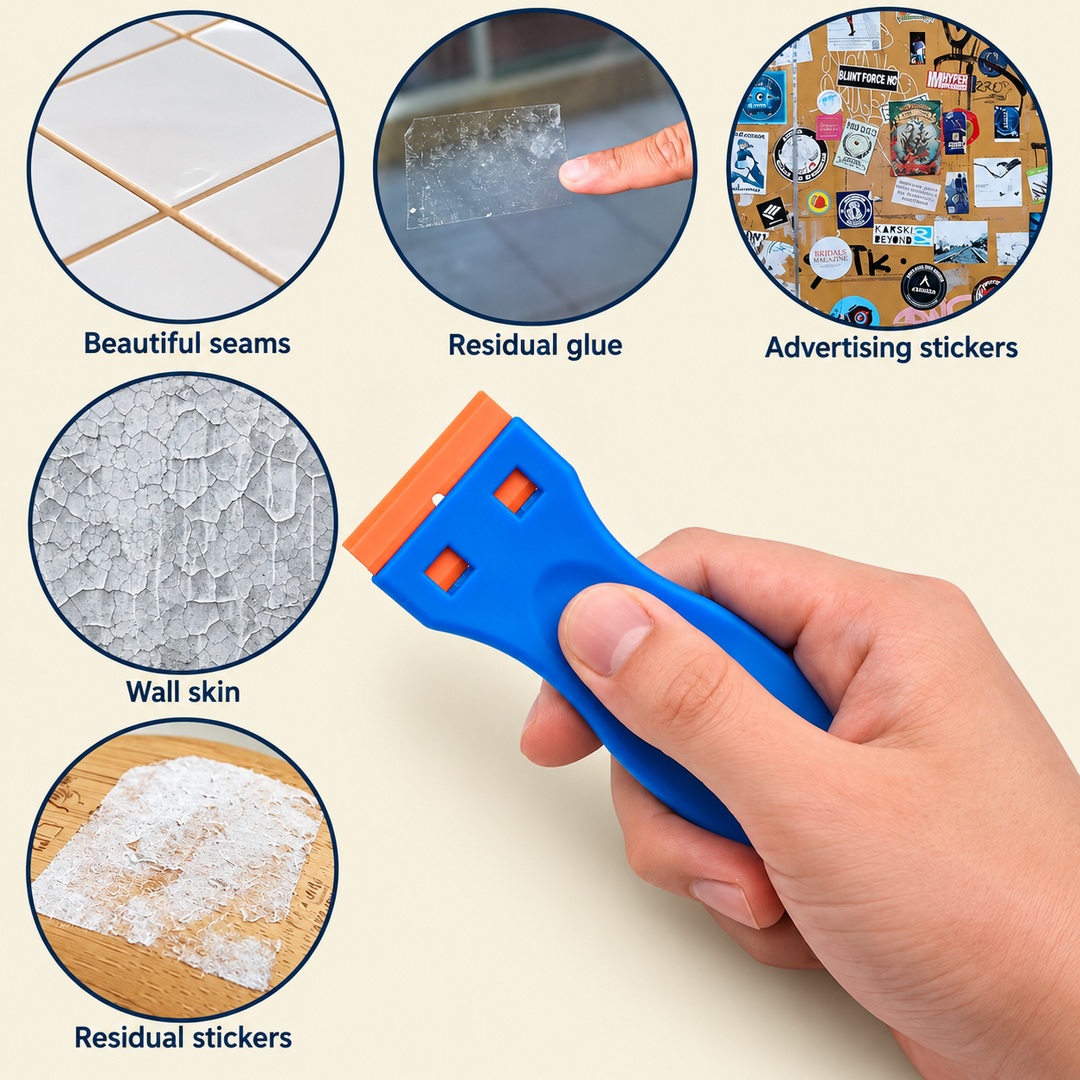 Blue plastic razor blade scraper with orange blade for removing adhesive residue, stickers, and decals from surfaces | Drops in the Ocean